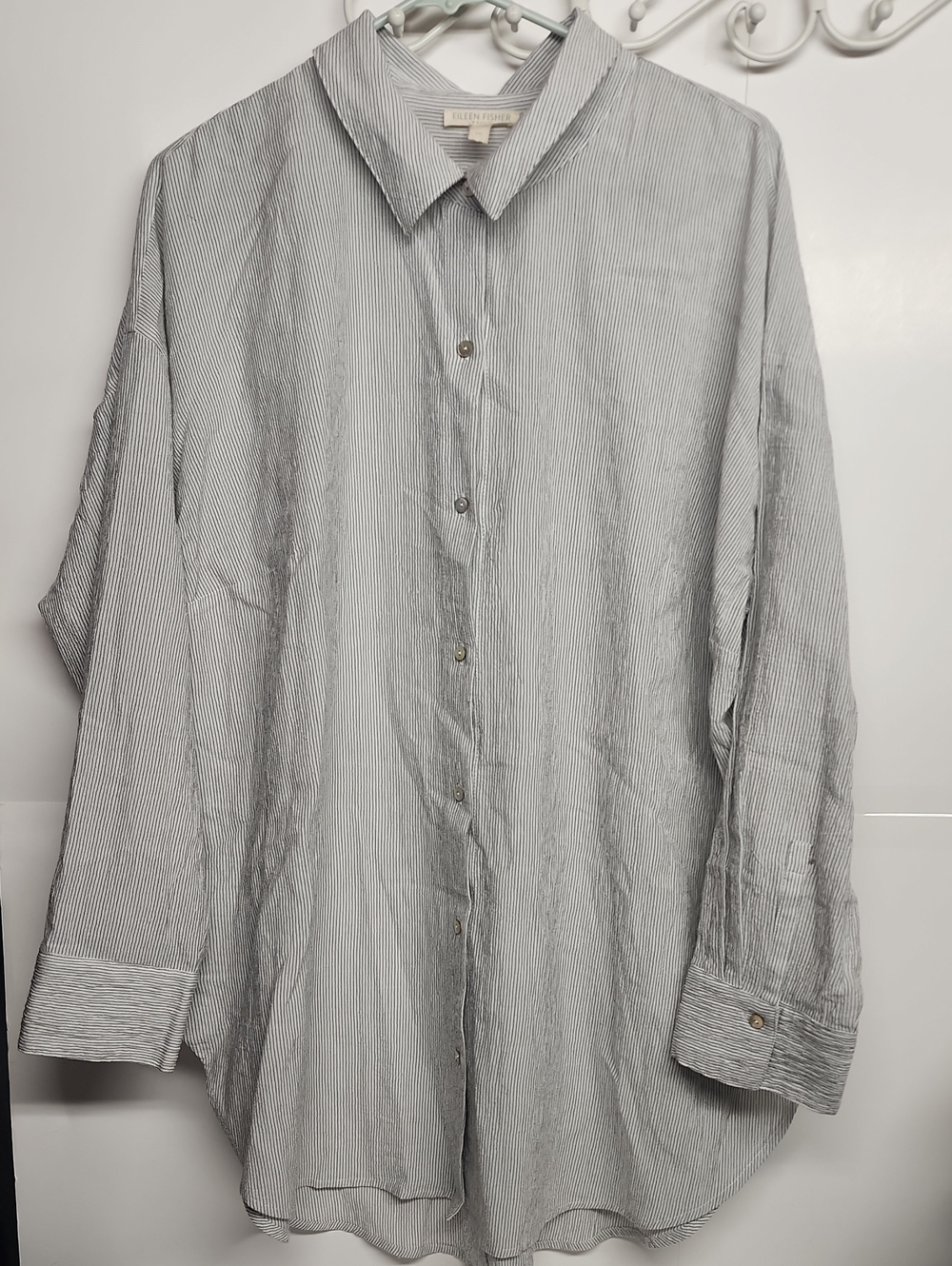 Eileen Fisher Light Gray Pinstripe 1X Button-Up Organic Cotton Shirt Minimalist